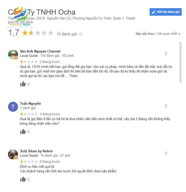 Công ty TNHH Ocha bị khách hàng đánh giá 1 sao trên Google Map